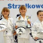 Trzy uśmiechnięte dziewczynki w strojach do karate na podium zawodów. W rękach trzymają dyplomy, a jedna z nich również puchar