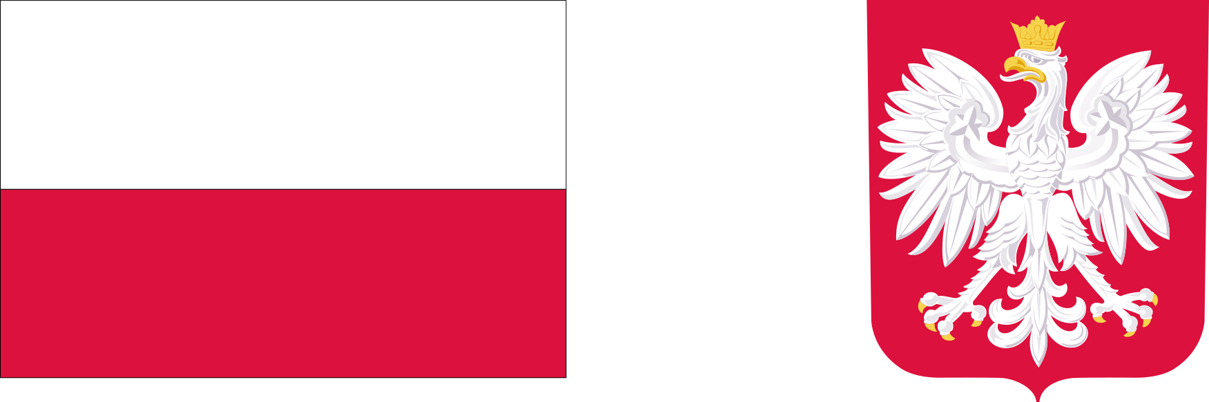 Po lewej stronie biało-czerwona flaga, po prawej godło RP - biały orzeł w koronie na czerwonym tle