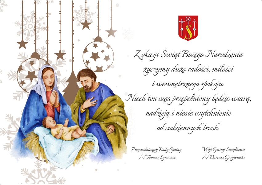 Grafika świętej rodziny z życzeniami od wójta gminy i przewodniczącego Rady Gminy Strzałkowo