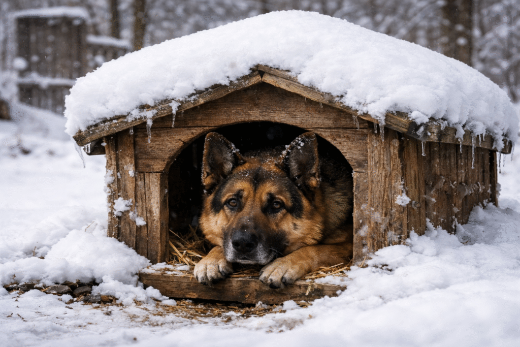 Owczarek niemiecki w drewnianej budzie