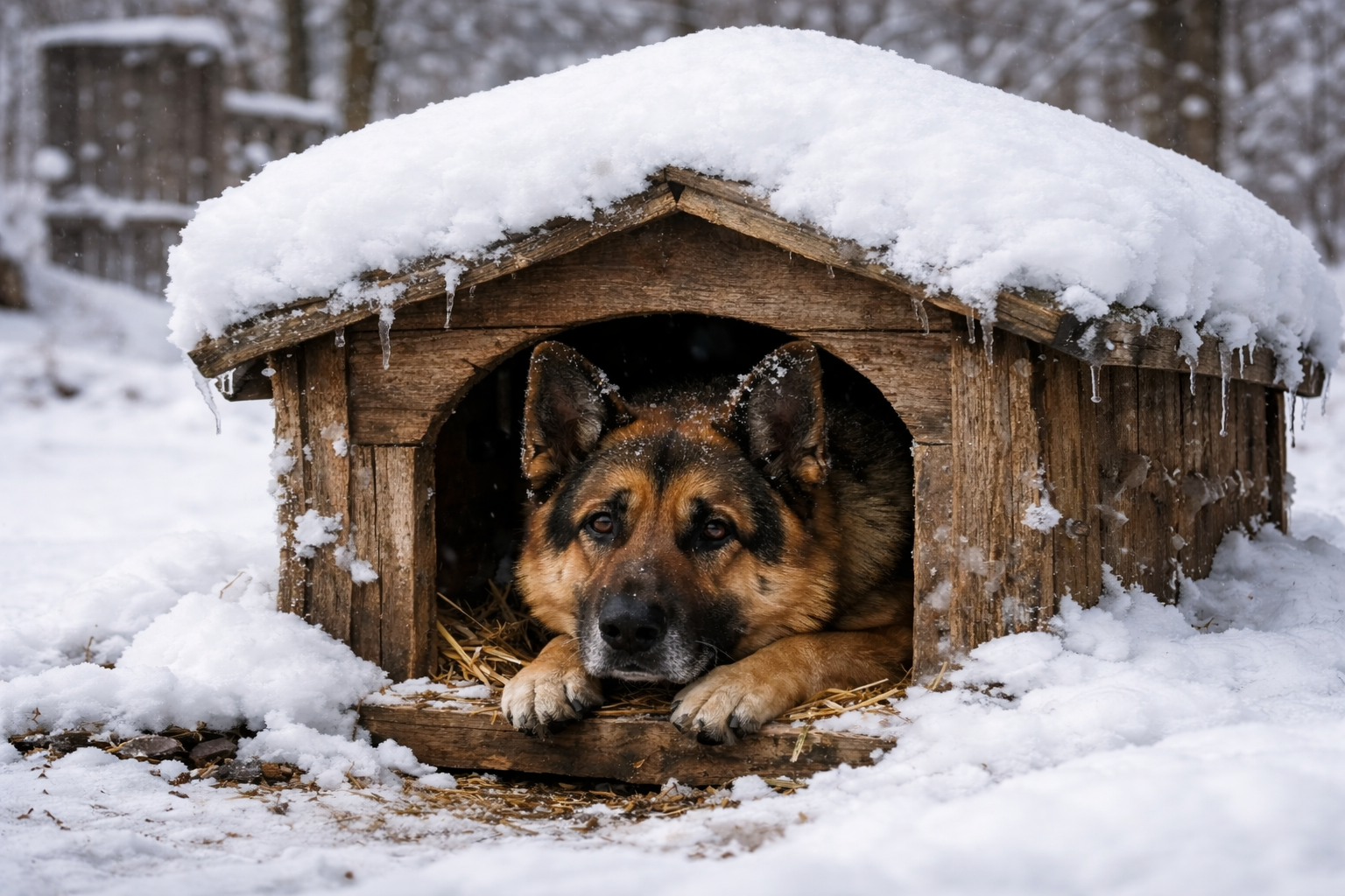 Owczarek niemiecki w drewnianej budzie